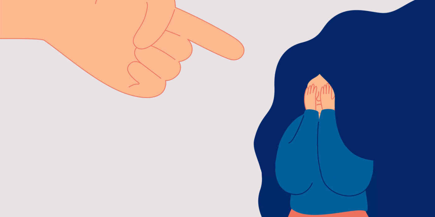 Guilty woman closes her face with arms from big index finger is being pointed at her. Concept of bullying of female and Mental health problems. Flat cartoon colorful vector illustration.